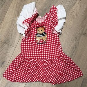 Red Gingham Dress with Bear Appliqué